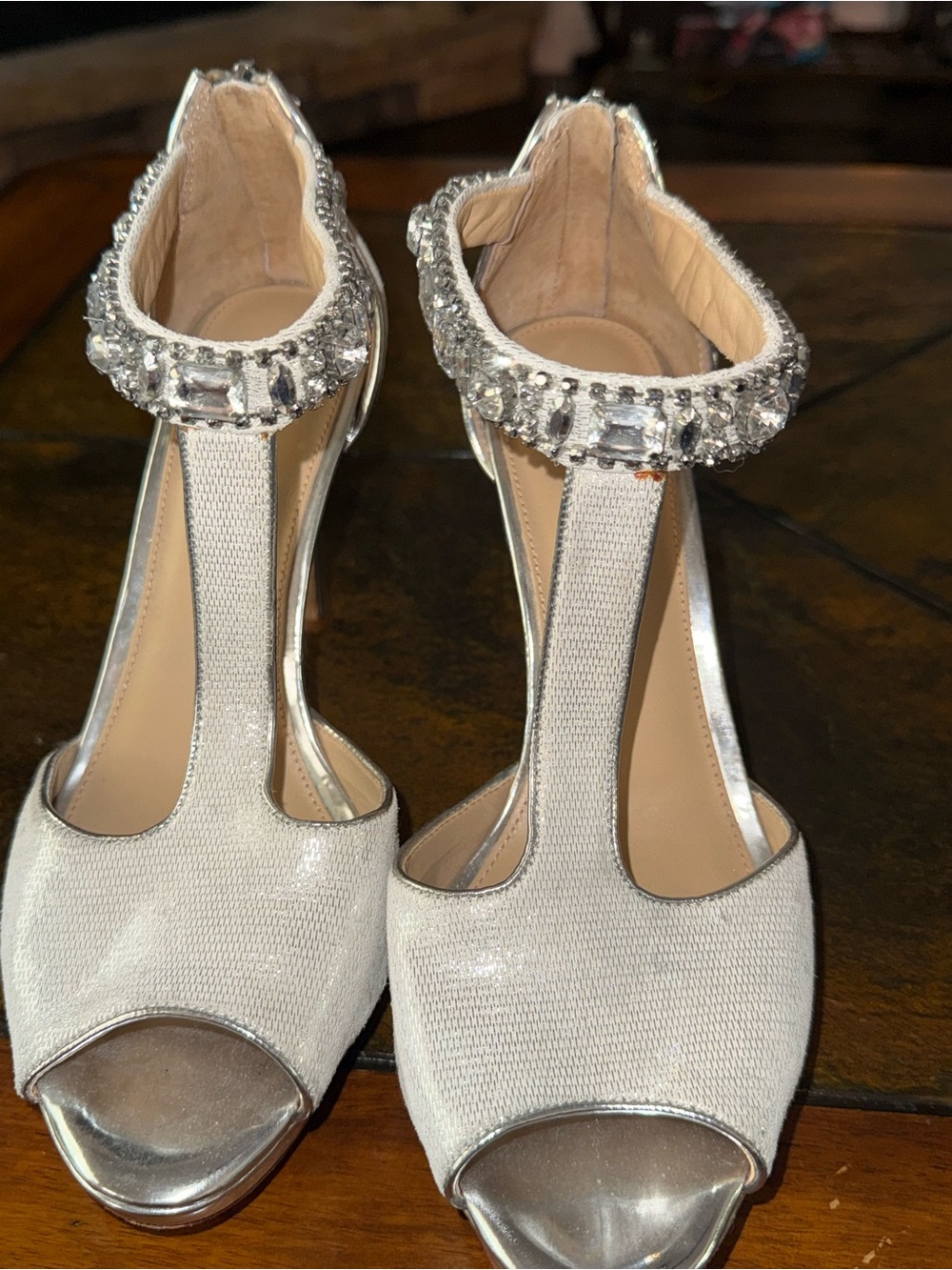 ANTONIO MELANI White and Silver T-Strap Crystal Ankle Heels
